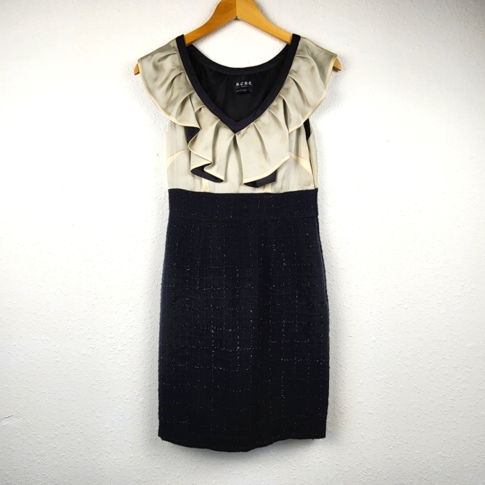 BCBG Paris Ruffled V-Neck Tweed Cocktail Dress Shiny Black Cream Career Size 2